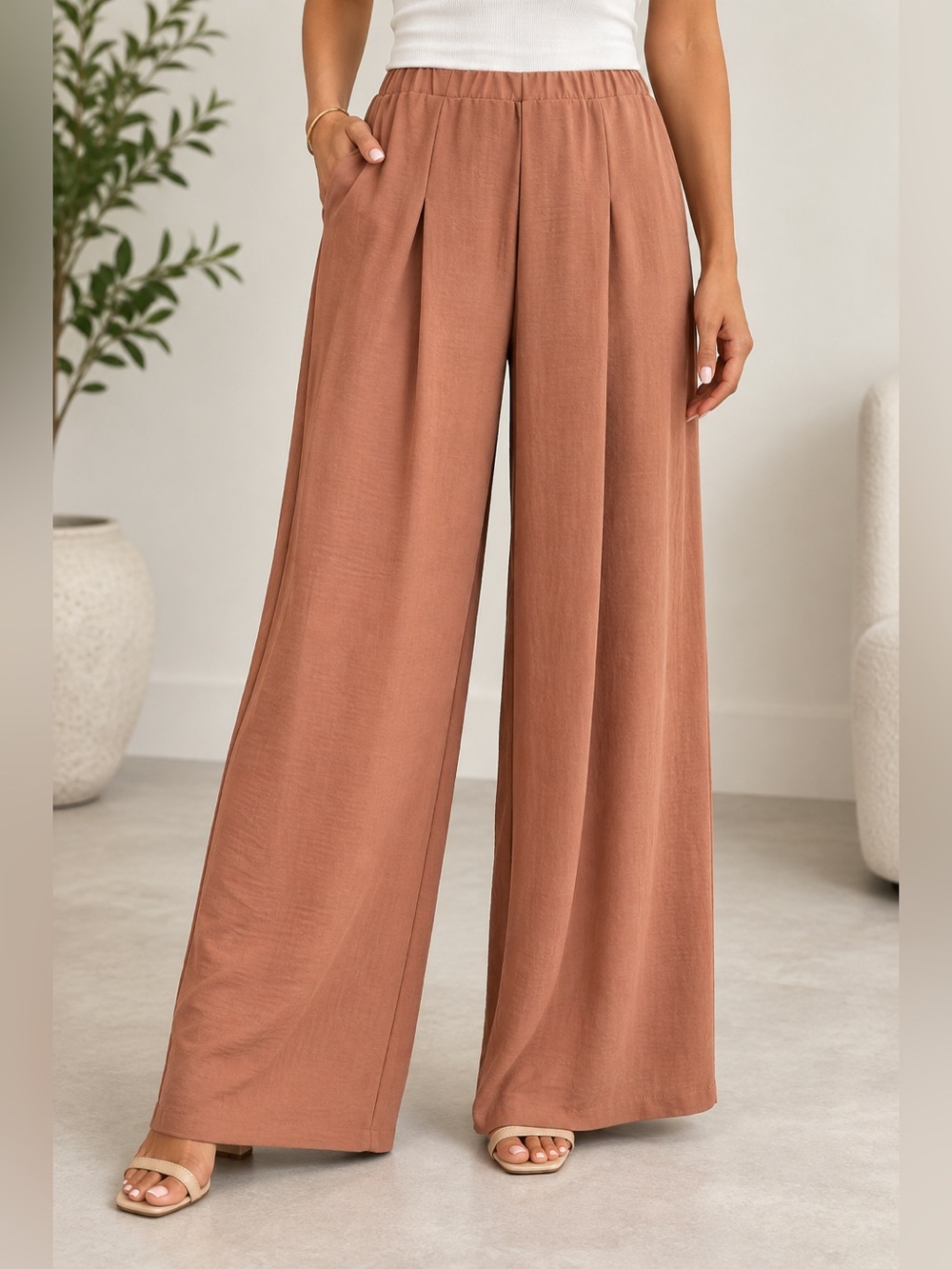 Zara Women’s Wide Leg Pants Size M Terracotta High Rise Elastic Waist NWT